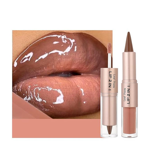 2-in-1 Double-Ended Matte Lip Liner & Lip Gloss Duo, Caramel Brown Nude Ombre Lip Combo Pencil, Lip Liner and Lipstick Gloss Set for Defined & Fuller Looking Lips, #06 Caramel Brown Nude