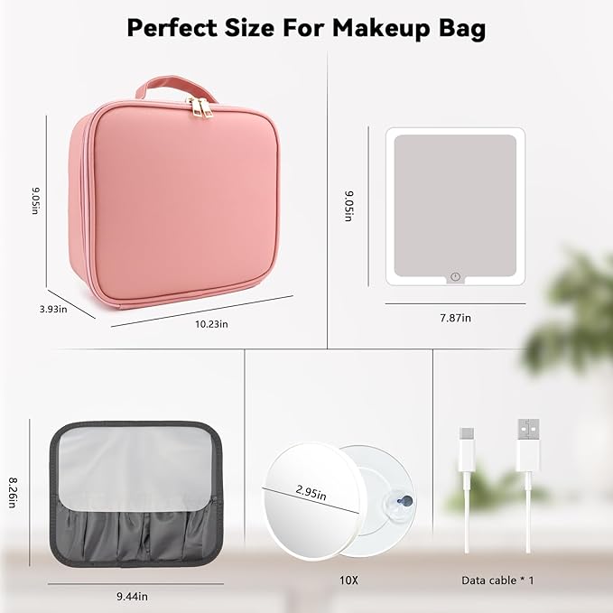 SLUMAZI Travel Makeup Bag with LED Mirror and 10x magnifying glass with 3 Lighted Settings, Adjustable Dividers and Makeup Brush Storage Bag Pink