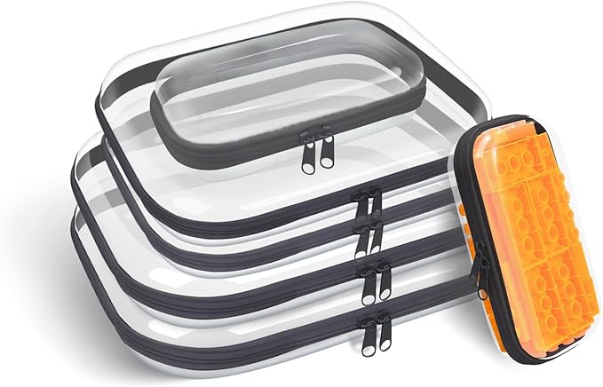 SXS LACONIC Clear Hard Plastic Zipper Case,Transparent Double Zippers Hard Pouch with 6pcs,Portable Travel Organizer Bin for Toy Storage