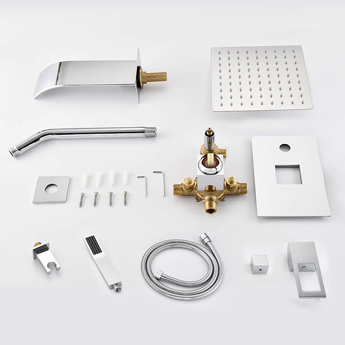 Shower System, Shower Faucet Set Complete with Waterfall Tub Spout, 8" Rain Shower Head and HandHeld, Chrome Finish