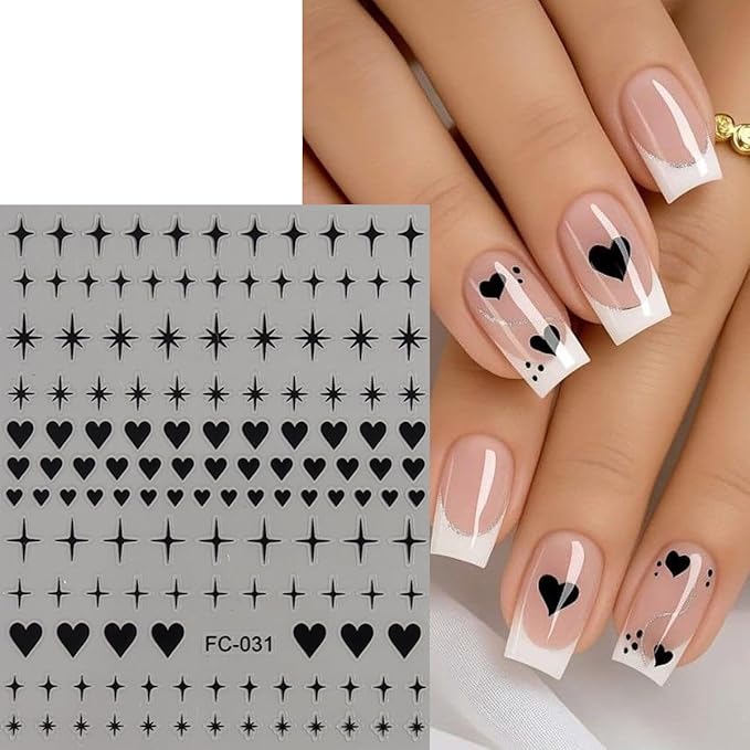 8 Sheets Heart Nail Art Stickers Red Gold Silver Black Star and Heart Nail Decals Valentines Nail Sticker Romantic Hearts Shaped Design Valentine's Stickers for Women Manicure Decoration