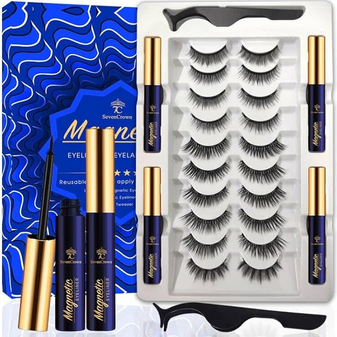SevenCrown Magnetic Eyelashes, Magnetic Lashes with Eyeliner, Eyelashes Magnetic Lashes Natural Looking,Upgraded Long Lasting,10 Pairs 3D Reusable 5 Magnet False Eyelashes with Applicator