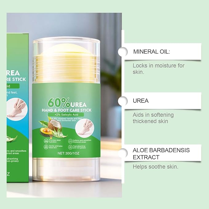 Urea Cream Stick, 60% Urea plus 2% Salicylic Acid Foot Cream Moisturizer for Dry Cracked Feet Knees Elbows Hands Hydrates &Nourish Foot Care for Softens Skin Smoothing Skin, 1.07 Oz