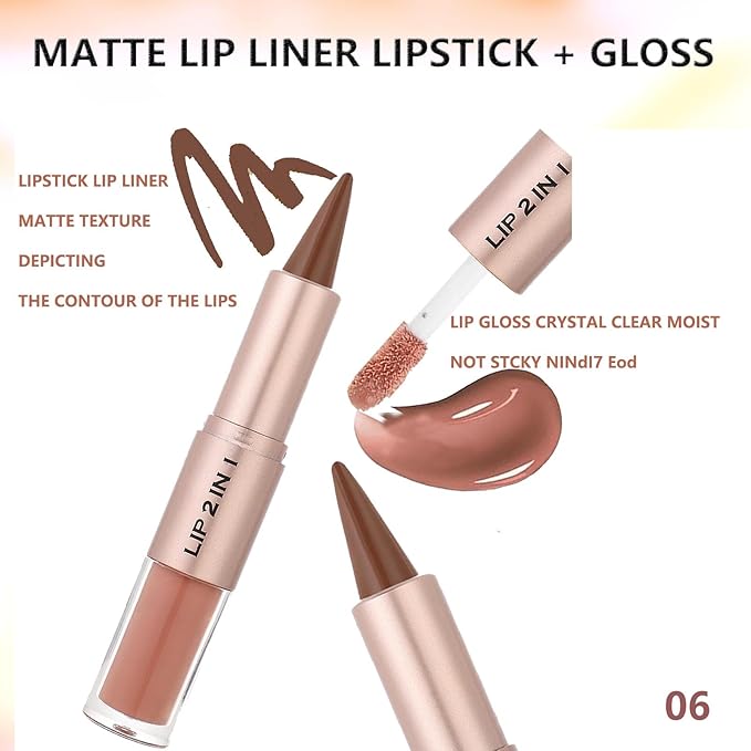 Lip Liner Gloss Lip Combo Sets Kit,Nude Brown Lip Liner and Brown Gloss Set, lip combo sets for black women, High Pigmented Long Lasting Plumping Lip Gloss Lipstick Waterproof Lip Combo 06