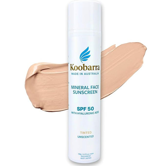 Koobarra Mineral Face Sunscreen SPF 50, Tinted Aussie Zinc Oxide Sunblock with Hydrating Hyaluronic Acid, Reef Safe, Natural, Vegan, Australian Made, Great for Sensative Skin, Unscented, 100g 3.4oz
