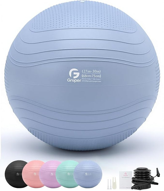 Gruper Yoga Ball, Extra Thick Exercise Ball for Workout Pregnancy Stability - 4 Sizes Anti Burst Balance Ball for Yoga, Pilates, Fitness, Birthing, Physical Therapy - Includes Pump