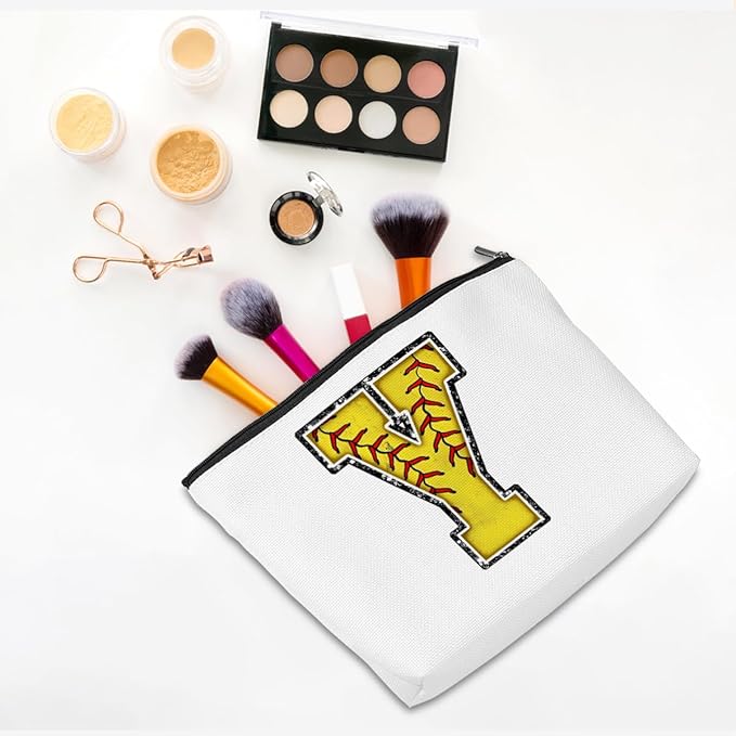CQM Softball Gifts Initial Makeup Bag Monogrammed Cosmetic Bag Letter Y Zipper Pouch Softball Accessories for Girls Women Player Coaches Friend Graduation Birthday Gifts