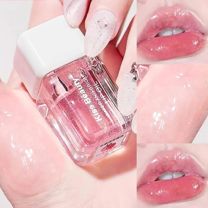 Fruit Pearlescent Plumping Lip Oil, Lip CarePearl & Shimmer Mini Lip Gloss Kit, Lip Care Hydrating Lip Gloss Tinted Lip Balm, Long Lasting & Nourishing Lip Glow Oil, Non-sticky Fresh Texture (Peach)