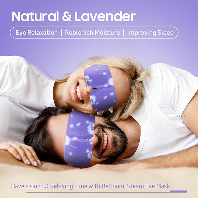 BeHoomi 20 Packs Steam Eye Mask, Heated Eye Mask Warm Compress for Eyes, Disposable Self Heating Steam Mask Sleep, Spa, Travel Essentials & Relaxation Gifts for Women, Stocking Stuffers (Lavender)