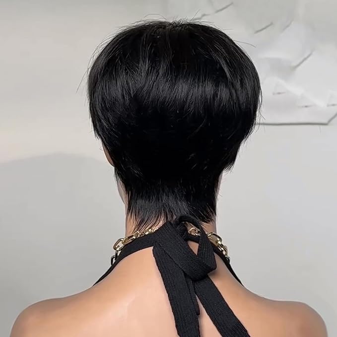 Short Wigs Pixie Cut Wig for black women Human Hair Natural Black Straight Human Hair Wig with Bangs Short layered Wave Glueless No lace front full machine made Bob Wig