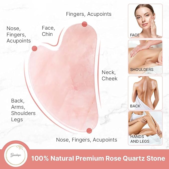 Natrual Rose Quartz Gua Sha Facial Tools | Guasha Tool for Face Sculpting, Shaping, Reduce Puffiness, Tension Relief | Massage Stone for Eyes, Face and Body