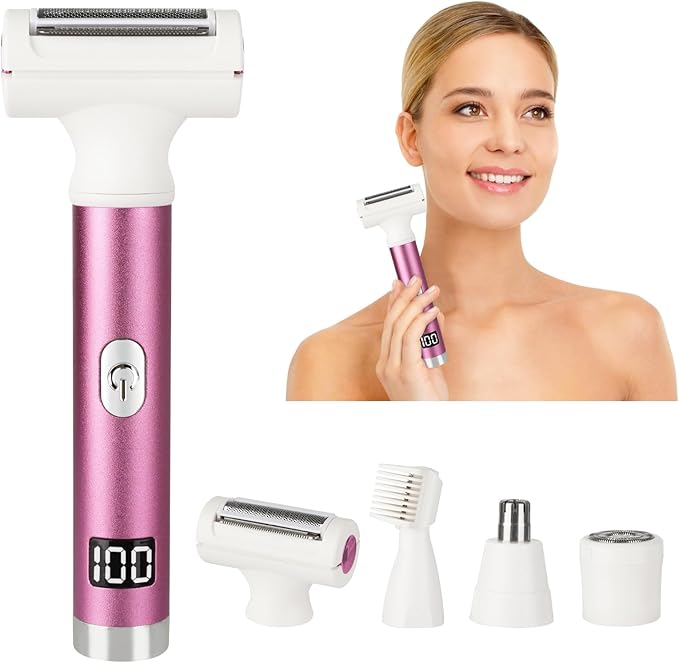 Electric Shaver for Women Men,Wet & Dry Cordless Electric Razor with 4 Accessories,Rechargeable Beauty Lady Led Display Facial Hair Remover,Smooth & Silky Bikini Trimmer for Body (Pink)