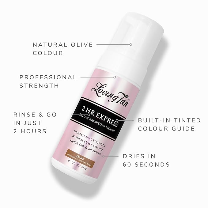 Loving Tan 2 HR Express Mousse, Dark- Streak Free, Natural looking, Professional Strength Sunless Tanner - Up to 5 Self Tan Applications per Bottle, Cruelty Free, Naturally Derived DHA - 4 FL Oz