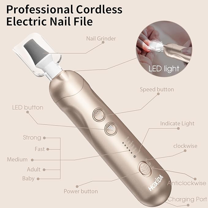 Manicure Pedicure Kit, Professional Nail Grinder for Senior Thick Toenail, Cordless Electric Nail File, 5 Speeds Pedicure Tools for feet Callus Remover, Nail Drill for Women Hand Feet Care