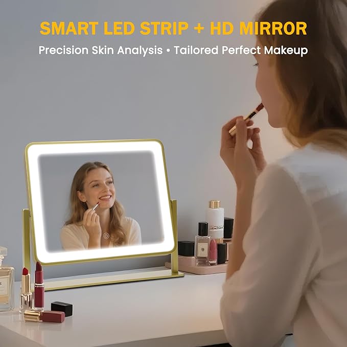 Vanity Mirror with Lights, 14"×12" LED Makeup Mirror, HD Professional Mirror, Smart Touch with 3-Color Lighting, Dimmable, 360° Rotation, Lighted Up for Makeup Desk, Bedroom (Gold)