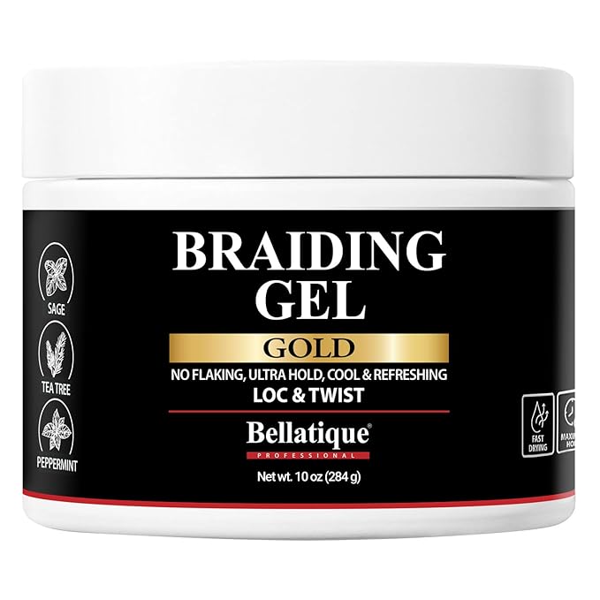 BELLATIQUE GOLD Braiding Gel Maximum Hold for LOC & Twist - No Flaking, No Whitening, Fast Drying, High Shine, Cool & Refreshing, Long Lasting Hold (10 oz)