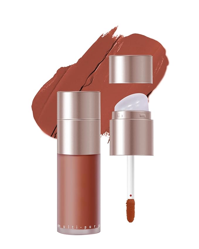 Velvet Cream Blush for Cheeks and Lips Tint,Brown Orange Matte Double-Ended Face Blusher with Silicone Brush,Blendable Waterproof Longlasting Liquid Blushes,Lightweight Facial Makeup Gift for Women-2#