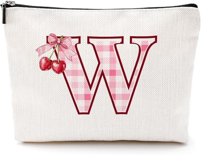 CQM Initial Makeup Bag Monogram Cosmetic Bag Monogrammed Gifts for Women Girls Friends Coworker Teacher Personalized Travel Toiletry Bag Christmas Bridal Shower Wedding Bridesmaid Gifts, Cherry W
