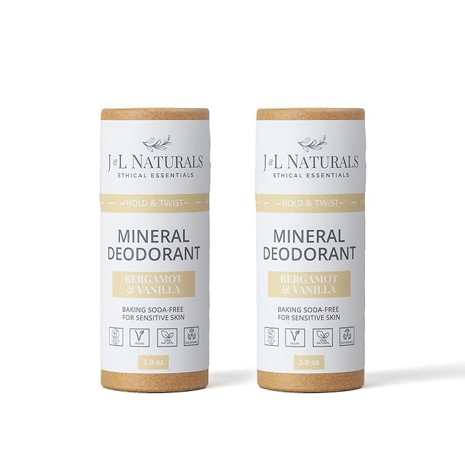 J&L Naturals Mineral Deodorant | Baking Soda-Free, 100% Natural, Sustainable Skin Care | Sensitive Deodorant For Women & Men | Aluminum Free, Vegan, Cruelty-Free (Bergamot & Vanilla, 3 Oz (Pack of 2))