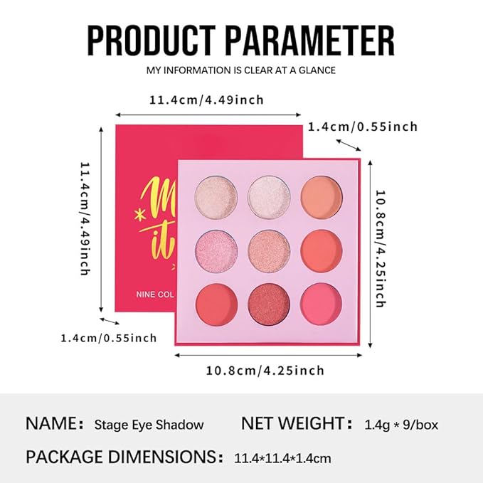 9-Color Pink Peach Eyeshadow Palette–High Pigment Matte Shimmer Glitter Eyeshadow Palette in Warm Coral & Rose Shades,Long-Lasting Waterproof, Blendable for Creative & Everyday Looks