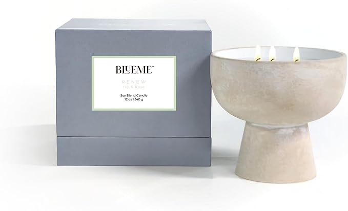 Blueme Renew Candle | Ivy & Rose | 3 Wick - Refillable Wellness Candle with Essential Oils, Hand Finished & Poured Soy Wax Blend Ceramic Vessel, Natural Cotton Wicks | Medium 12 oz