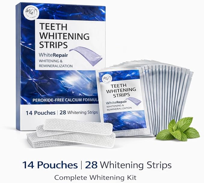 Teeth Whitening Strips, Mint Flavor Inspired, Comfort Fit Adhesive, Fresh Taste, 28 Strips in 14 Sealed Pouches, at Home Smile Brightening Routine