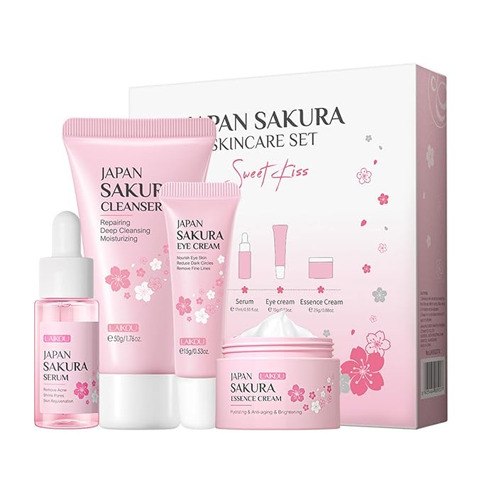 Travel Skincare Kit - Sakura Gentle Daily Face Routine Set for Teen Girls & Women | Hydrating Cleanser, Anti-Aging Serum, Moisturizer, Eye Cream - Radiant Skin Mini Holiday Box Gift (4PC)