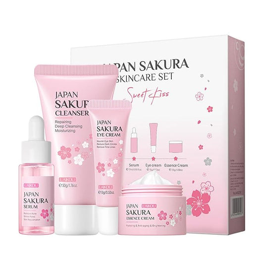 Travel Skincare Kit - Sakura Gentle Daily Face Routine Set for Teen Girls & Women | Hydrating Cleanser, Anti-Aging Serum, Moisturizer, Eye Cream - Radiant Skin Mini Holiday Box Gift (4PC)