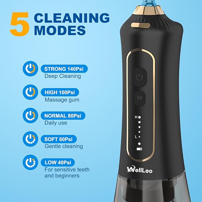 WellLeo Water Flossers for Teeth, 300ML Cordless Oral Irrigator Rechargeable Dental Flosser Picks with 5 Modes 5 Jet Tips,IPX7 Waterproof Teeth Cleaner for Braces Gum Care, Home Travel Use