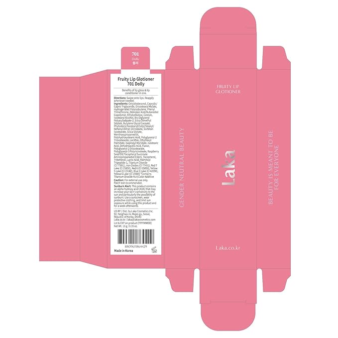 Laka Fruity Lip Glotioner, 10ml/0.33 fl.oz, Lip Gloss with High Shine Vivid Colors, Jelly tip for Hygienic & Easy Application, K-Beauty (#701 Dolly)