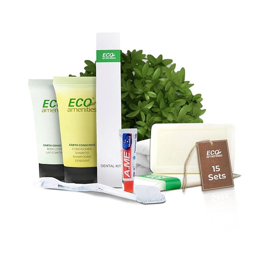 ECO Amenities 60 Pcs, 4-Piece Travel Size Toiletries Kit, Includes Small Bar Soap, 2 in 1 Hotel Shampoo and Conditioner Supplies for Guests, Body Lotion, Travel Toothbrush Set with Toothpaste, 15 Kits