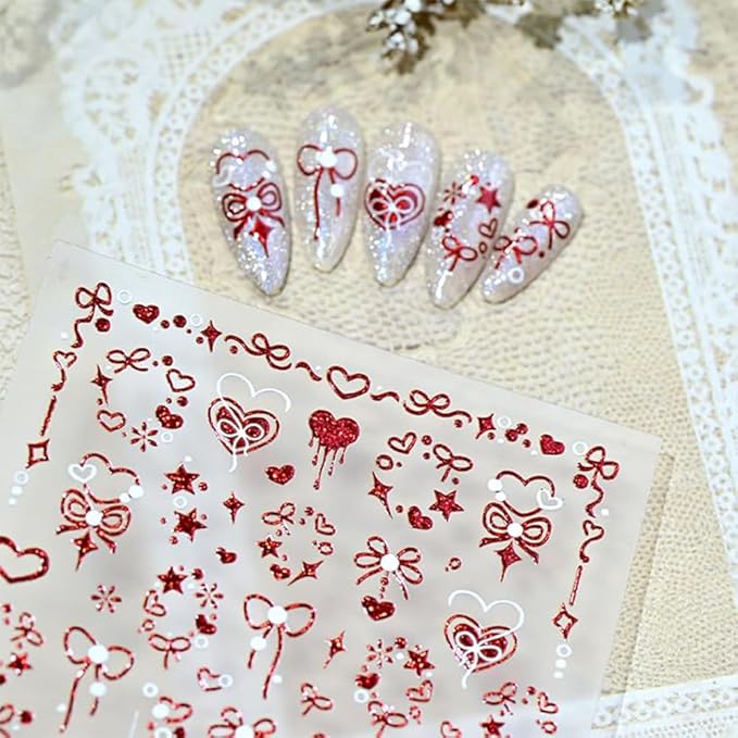 Red Heart Nail Stickers for Nail Art 5D Embossed Valentines Nail Art Stickers with Star Bow Design Glitter Heart Nail Decals Romantic Valentines Nail Supplies for Women Girls Holiday DIY Manicure