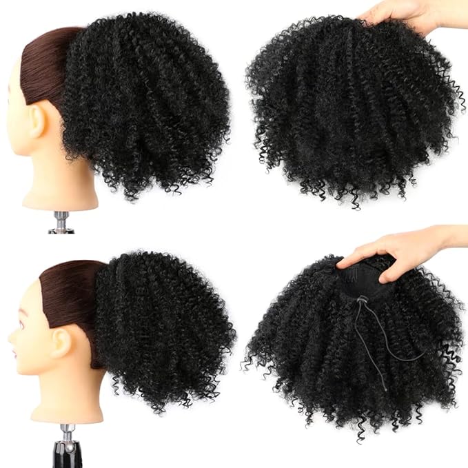 Drawstring Ponytail Afro Kinky Curly for Black Women Short Wave Synthetic Ponytail Hair Extension(#1B,Nature Black)