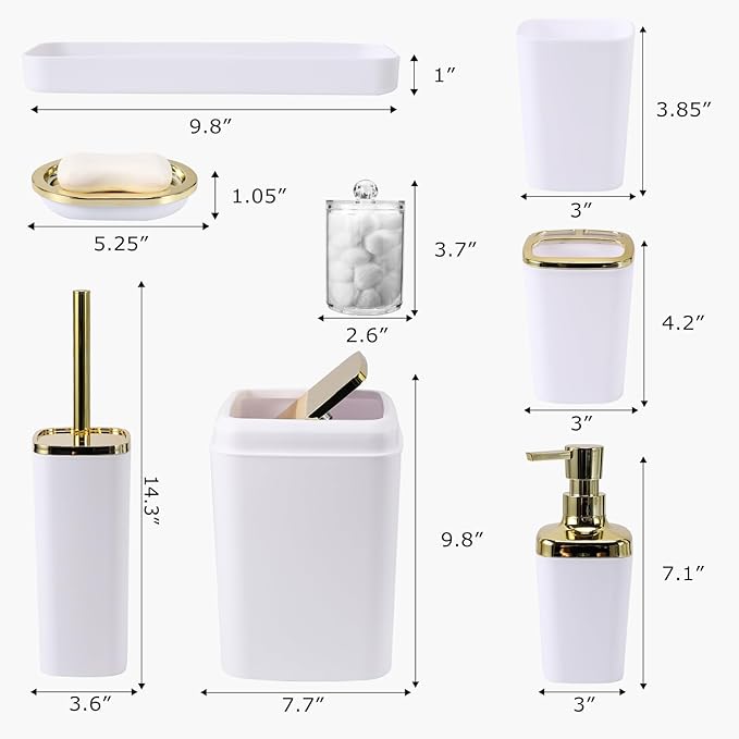 XLHOMO 9Pcs Bathroom Accessories - White Bathroom Accessories Set with Trash Can, Soap Dispenser, Soap Dish, Toothbrush Holder, Toothbrush Cup, Toilet Brush Holder, Qtip Holders and Tray for Home