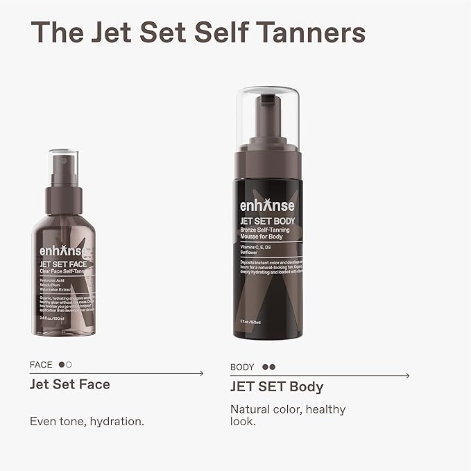 ENHANSE Jet Set Body Express Self Tanner Mousse & Tanning Mitt for Men, Hydrating Self Tan, Vitamin C E D3, Perfect Vacation Prep, Develops in 1-3 Hours, Anti Orange Streak Free Tanning, 5 Fl Oz