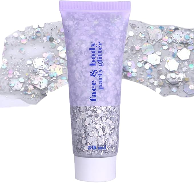 Silver Face Glitter Gel, Mardi Gras Out for Women,Cheer Body Glitter,Carnival Rave Accessories,Music Festival Singer Concerts Shimmer Holographic Sequins Glitter Paint Makeup,50ML
