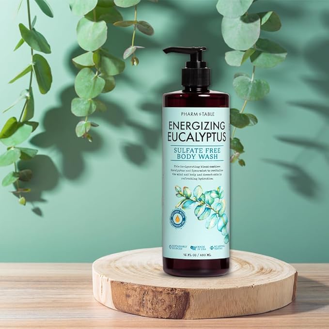 PHARM TO TABLE Energizing Eucalyptus Body Wash for Women and Men - Energizes and Revitalizes the Skin, Sulfate Free, 100% Cruelty Free, 480ml