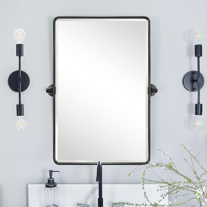TEHOME Oil Rubbed Bronze Pivot Rectangle Mirrror Farmhouse Tiltable Rounded Metal Framed Pivoting Bathroom Mirror with Beveled Mirrror, Overall 26.91 x 35 inches (Mirrror 23 x 35 inches)