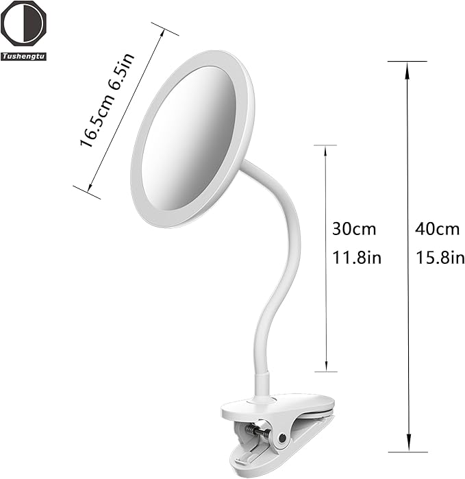 6.5" Clip On Gooseneck Makeup Vanity Mirror With Light, 2000mAh USB Lighted Travel Mirror, White 1X