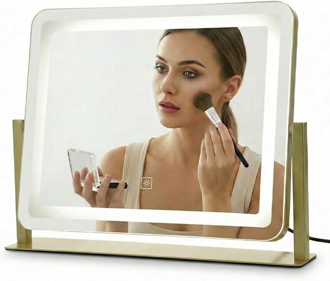 Vanity Mirror with Lights, 22''x17'' Lighted Makeup Mirror, LED Makeup Mirror, Dimmable, Smart Touch with 3-Color Lighting Modes, for Bedroom Tabletop - Gold