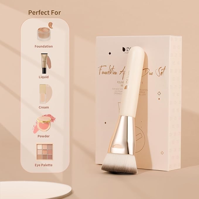 DUcare Foundation Brush for Liquid Makeup, Flat Top Professional Kabuki Brush with Puff Buffing Blending Mineral Powder Large Makeup Face Brush
