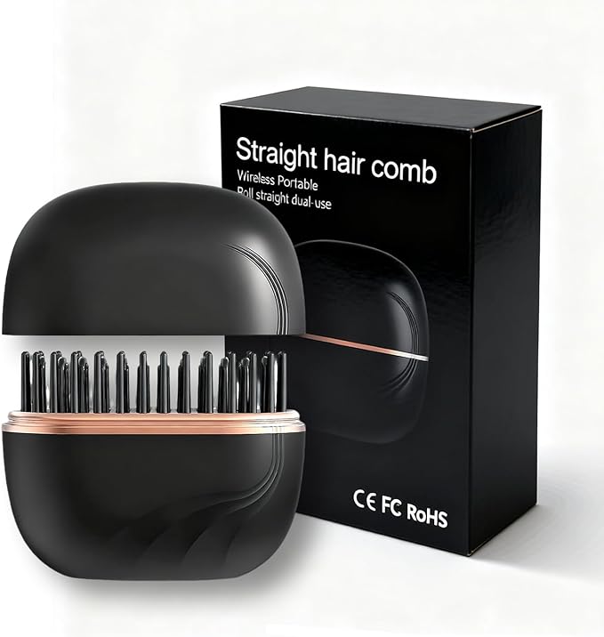 Mini Straightener Brush, Rechargeable Portable Hair Straightener Brush, 3-Speed Temperature Control, Anti-Scald Shell, Lightweight and Portable for Home Travel Gift (Black)
