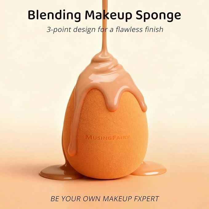 MusingFairy Makeup Blending Sponge with Travel-Friendly Acrylic Holder,Latex-Free Beauty Blender for Flawless Matte Finish, Easy to Clean,Orange 1 Pack