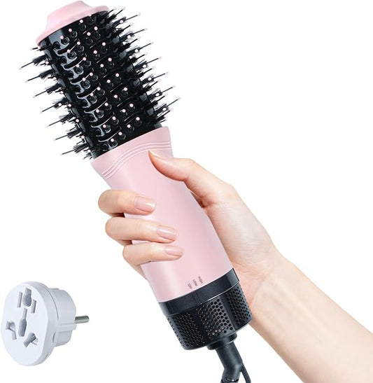 Mini Dual Voltage Hair Dryer Brush, 900 Watts 2 Inch Oval Ceramic Hot Air Brush, One Step Hair Dryer and Styler for Travel, Suitable for All Hair Types, Pink
