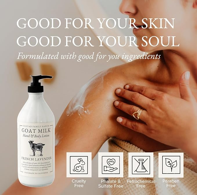 Goat Milk Body Lotion for Dry Sensitive Skin – Natural Moisturizer for Face, Hands & Body – Handmade, Fast-Absorbing, Lightweight, Non-Greasy – Multiple Scents (16oz, Lavender Amber)