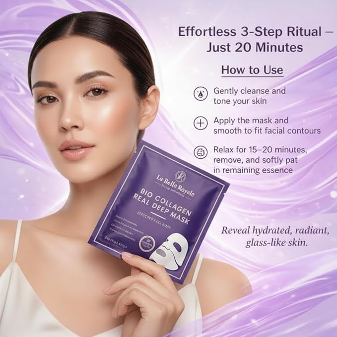 La Belle Royale - Bio Collagen Face Mask – Real Deep Hydrating & Anti-Aging Overnight Korean Sheet Mask with Hyaluronic Acid for Glowing, Pore Minimizing Skin - 4 Pack for Women & All Skin Types