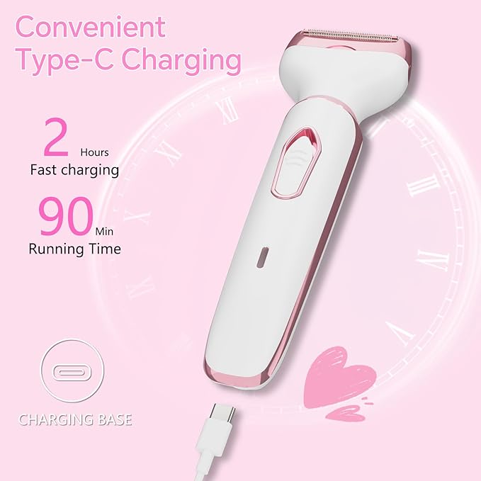 Women's Electric Razor Bikini Trimmer, 4-in-1 Cordless Shaver for Face, Legs, Underarms, Pubic Hair – Wet/Dry Use, Painless Hair Removal