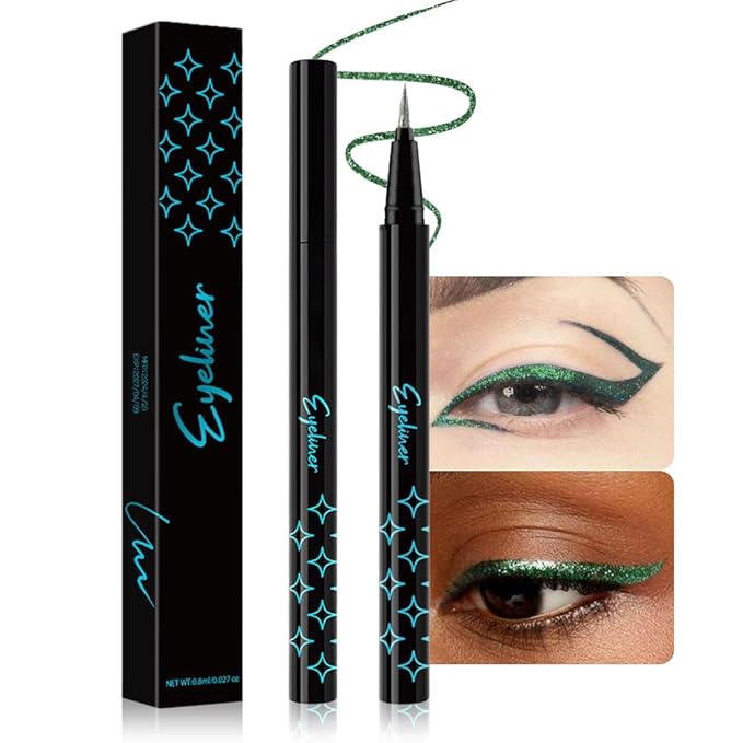 Emerald Green Metallic Glitter Liquid Eyeliner Pen – Long-Lasting Sparkly Waterproof Eyeliner for Women & Men – Tattoo-Effect Eye Makeup for Parties – Delineador Líquido con Brillo 07