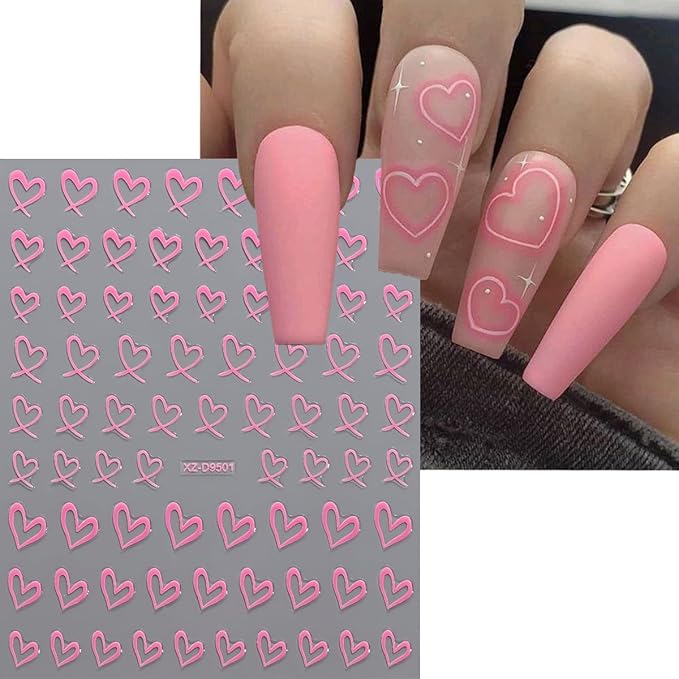 8Pcs Heart Nail Art Stickers 3D Self-Adhesive Sparkling Love Nail Art Decals Gold Silver Red White Black Romantic Heart Designs Nail Sticker for Valentine DIY Manicure Decoration Accessories