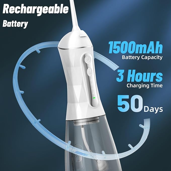 Water Dental Flosser Pick for Teeth Portable Oral Irrigator Rechargeable Travel Irrigation Cleaner 320ML Electric Flossing, IPX8 Waterproof, Waterproof Flossing Cleaning Picks for Home Travel (White)